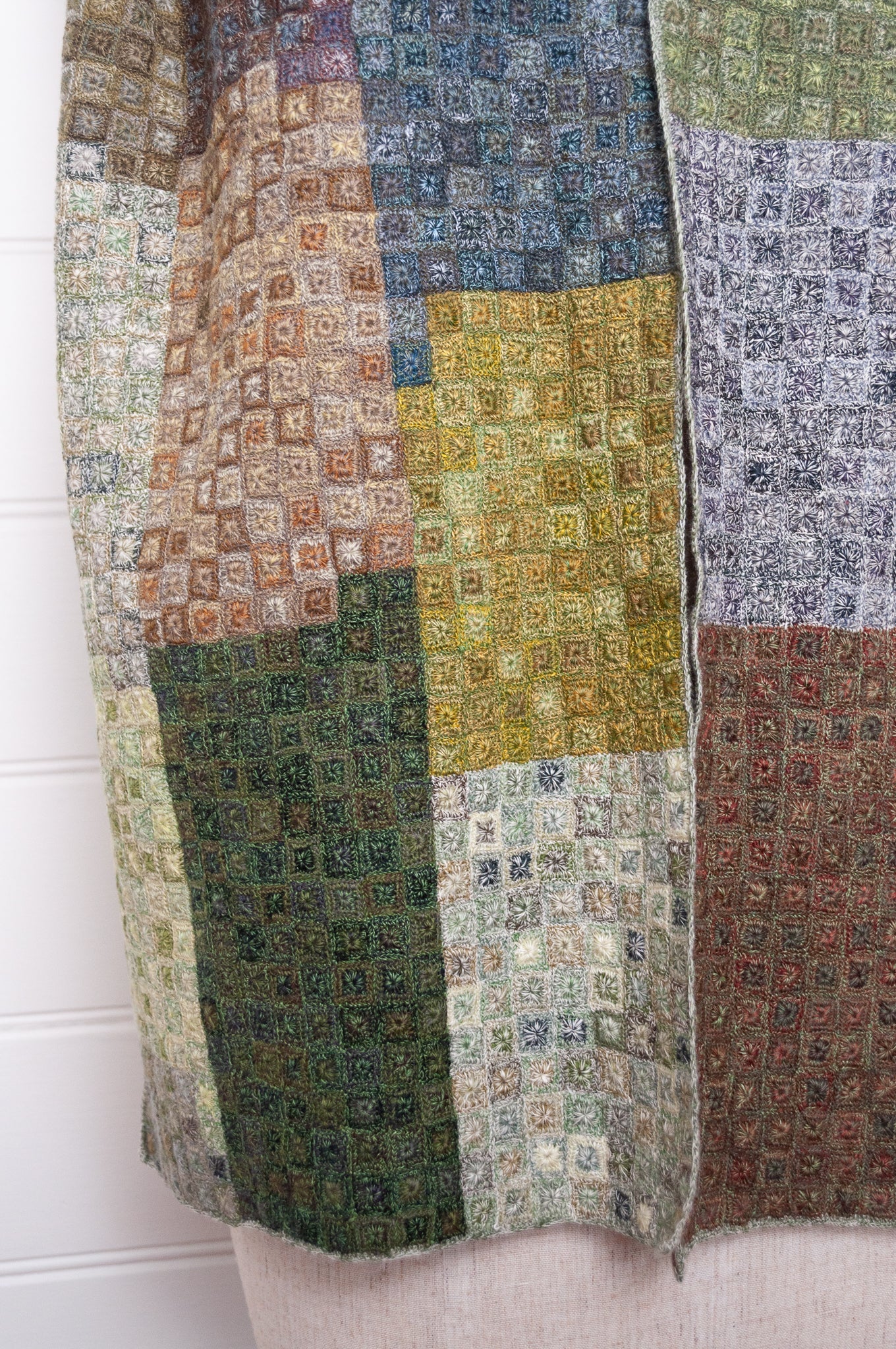 Sophie Digard crocheted wool and linen scarf in crazy patchwork Tundra palette.