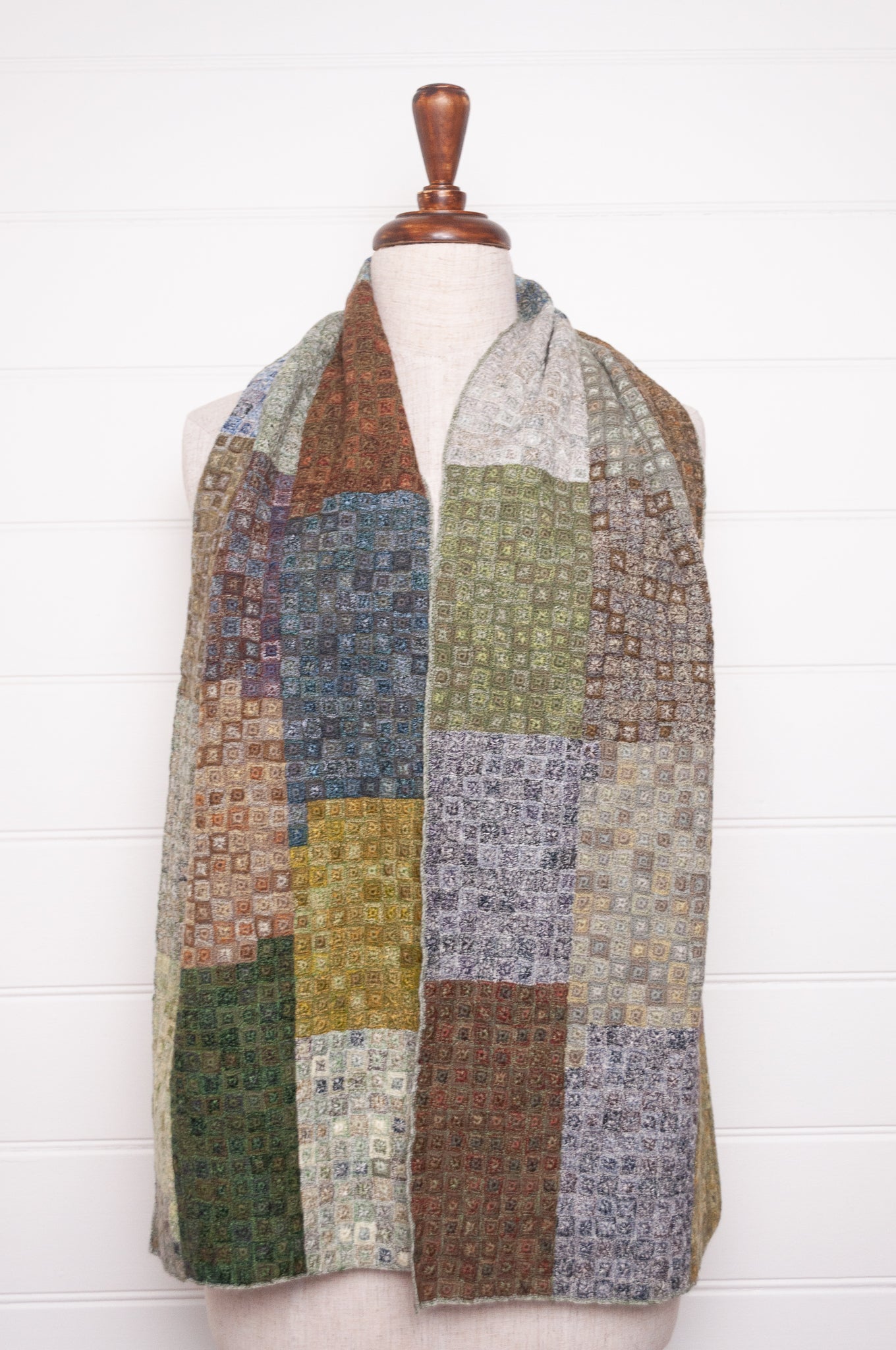 Sophie Digard crocheted wool and linen scarf in crazy patchwork Tundra palette.