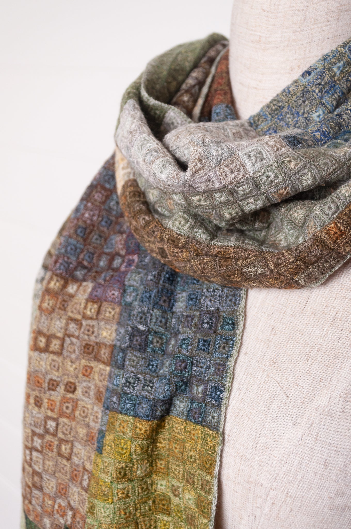 Sophie Digard crocheted wool and linen scarf in crazy patchwork Tundra palette.
