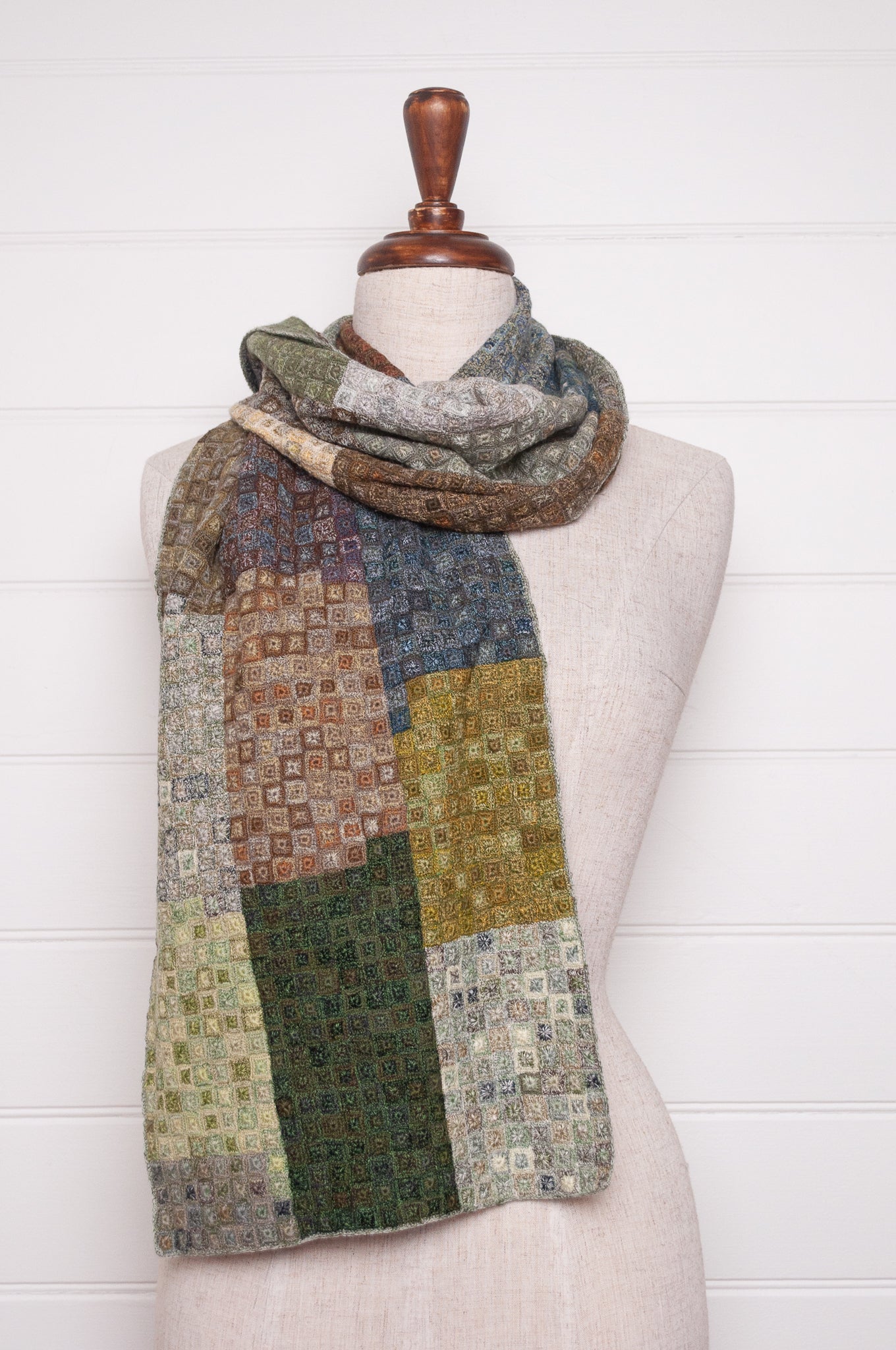 Sophie Digard crocheted wool and linen scarf in crazy patchwork Tundra palette.