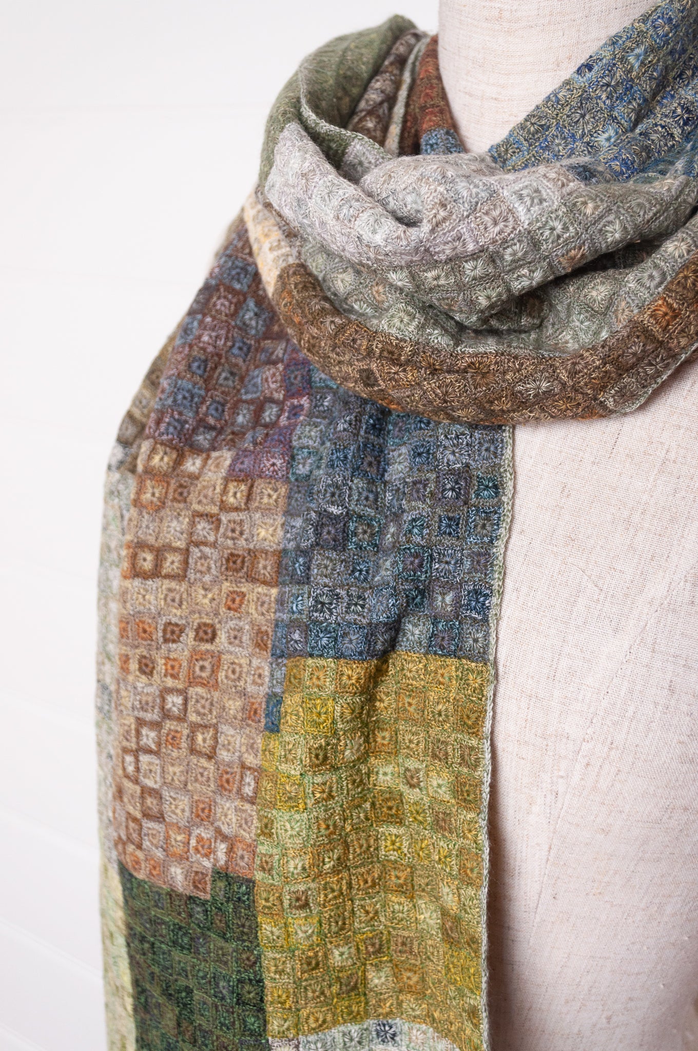 Sophie Digard crocheted wool and linen scarf in crazy patchwork Tundra palette.