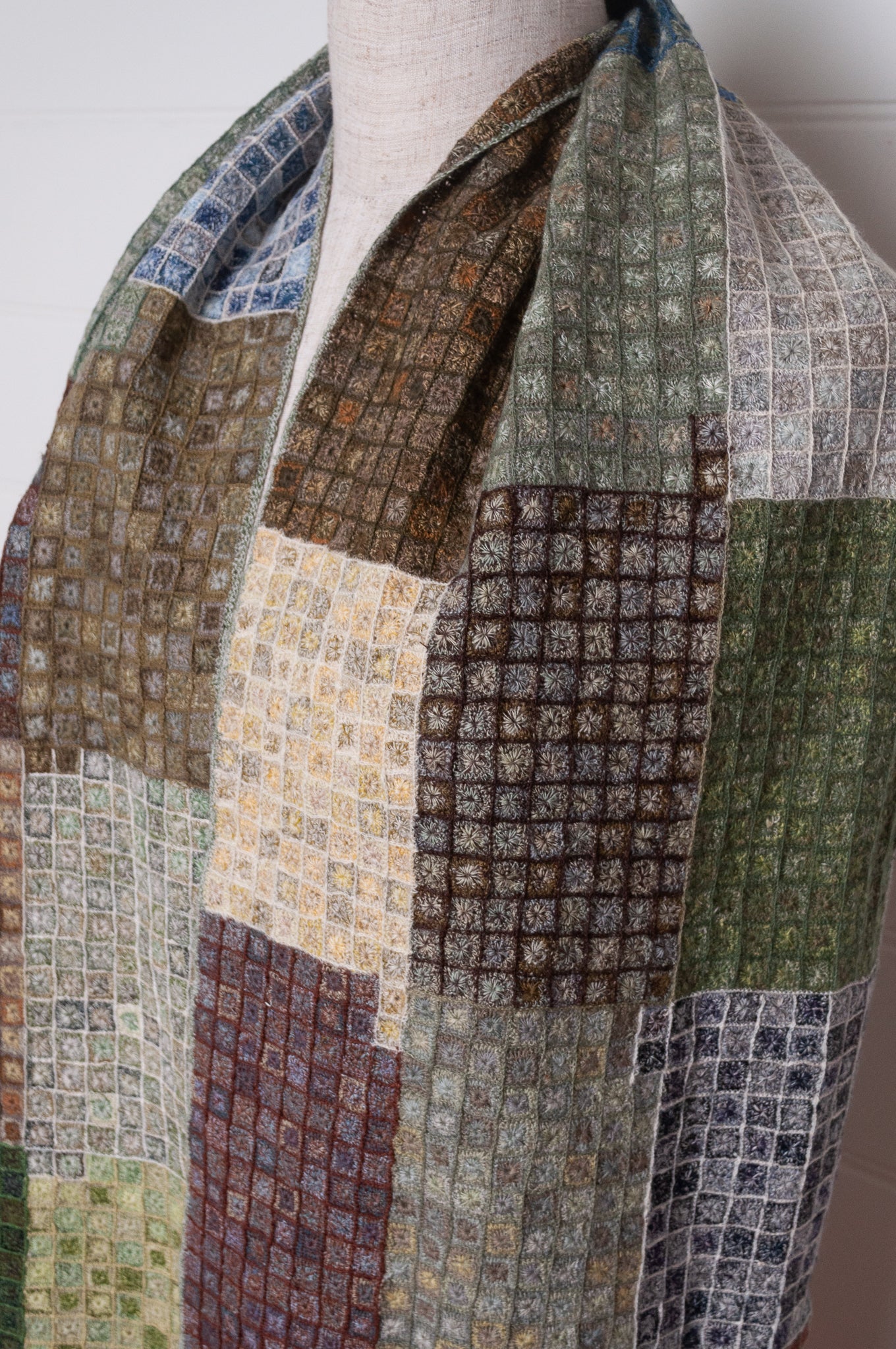 Sophie Digard crocheted wool and linen scarf in crazy patchwork Tundra palette.