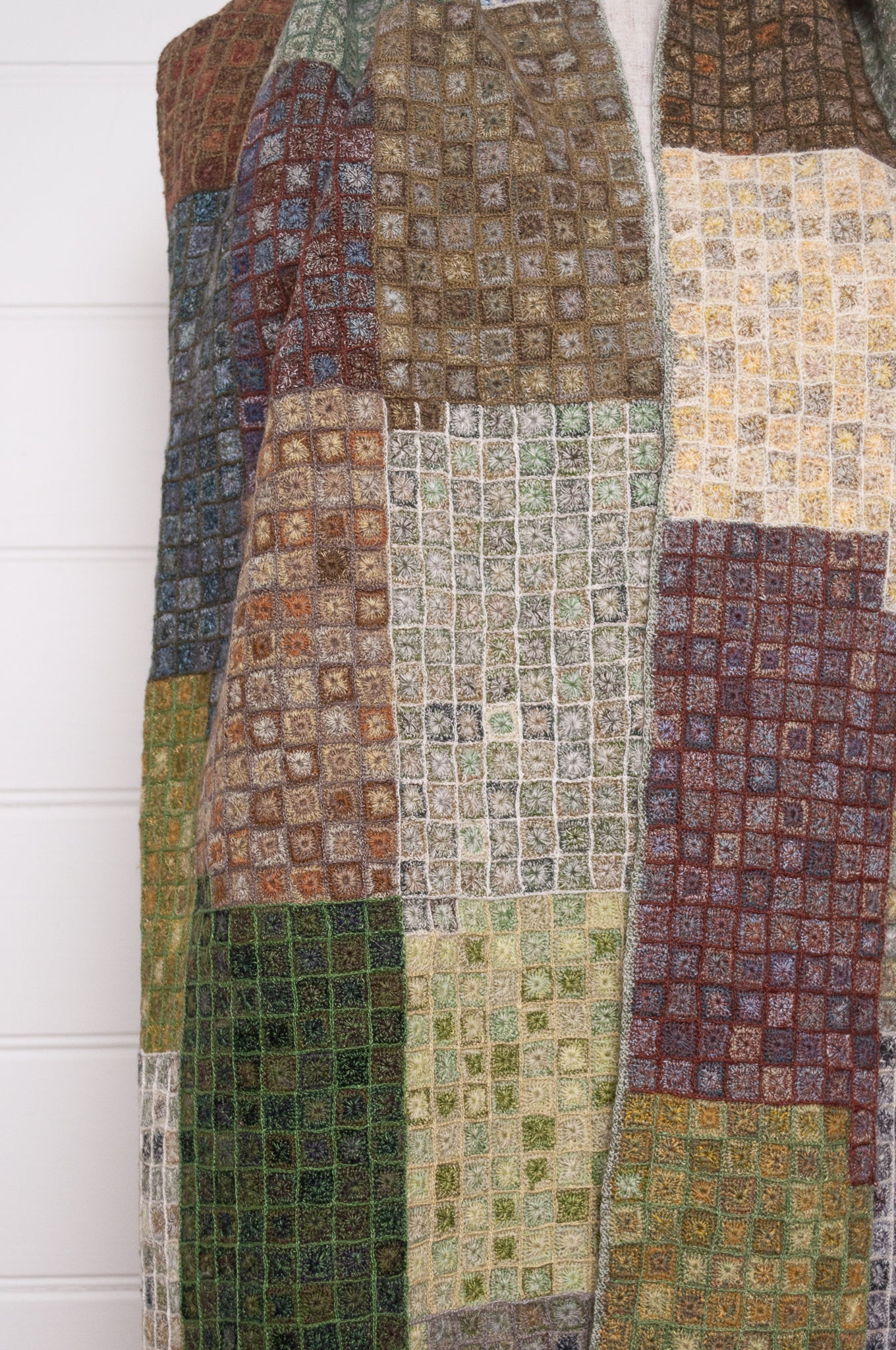 Sophie Digard crocheted wool and linen scarf in crazy patchwork Tundra palette.