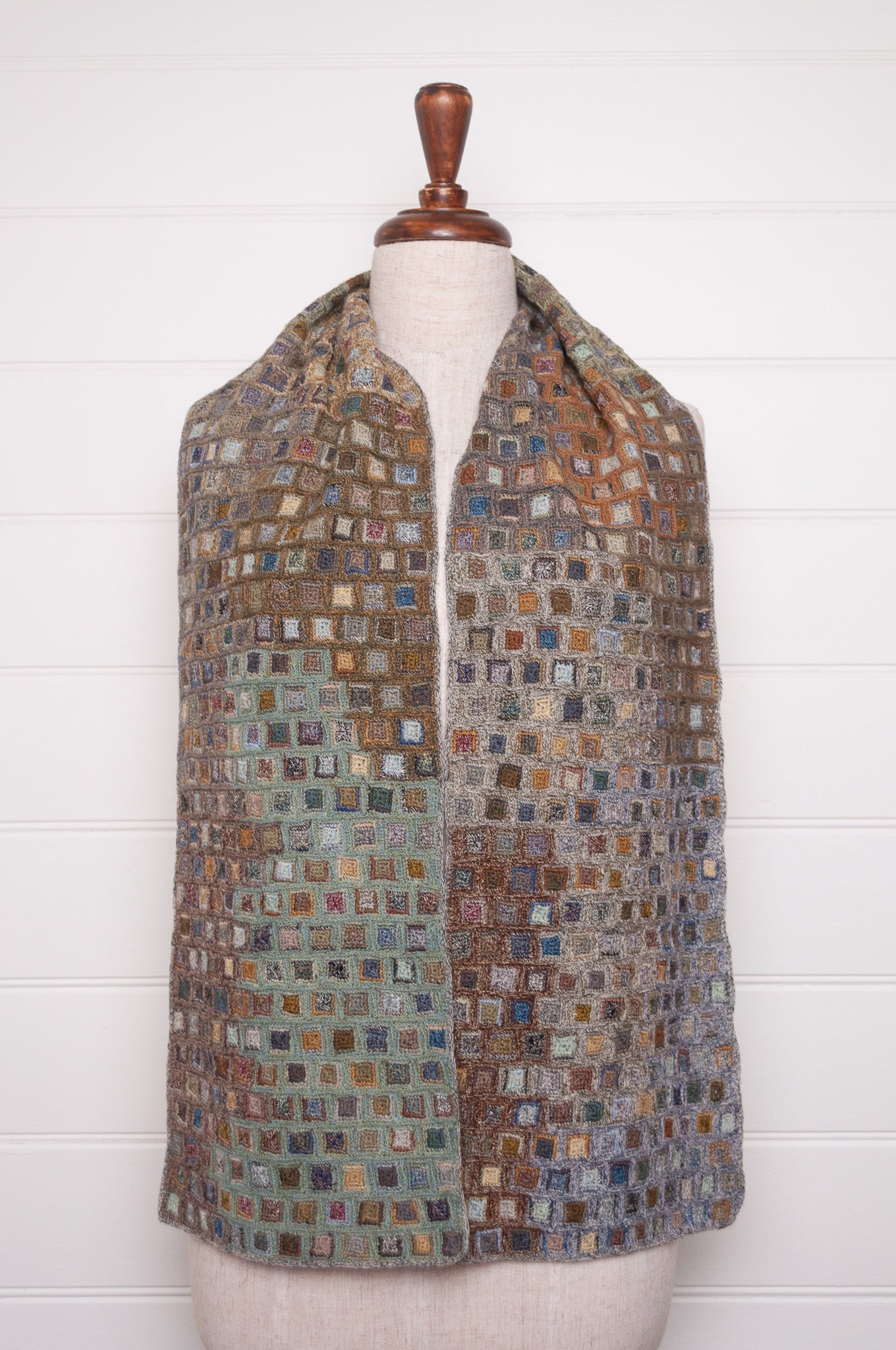 Sophie Digard crocheted wool and linen scarf multi-coloured patches in Moss palette.