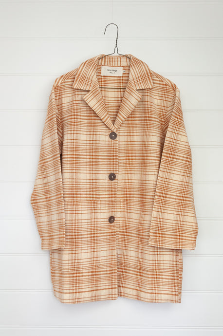 Nice Things woven cotton summer coat in cinnamon brown and ecru check.