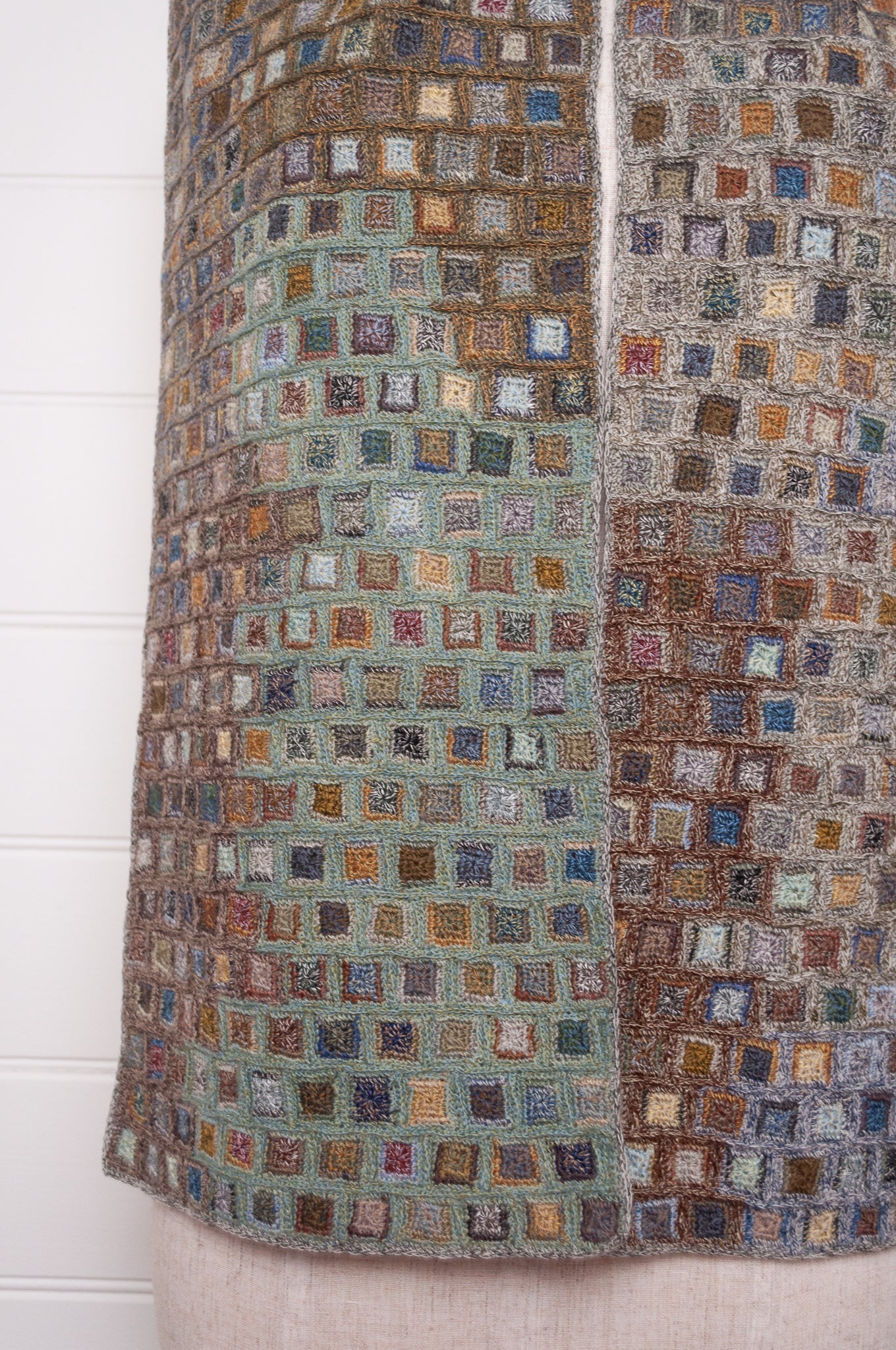 Sophie Digard crocheted wool and linen scarf multi-coloured patches in Moss palette.