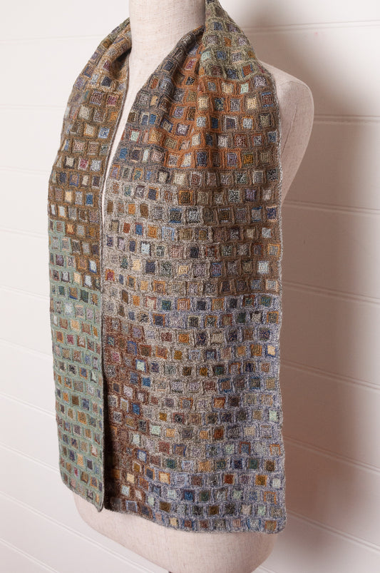 Sophie Digard crocheted wool and linen scarf multi-coloured patches in Moss palette.