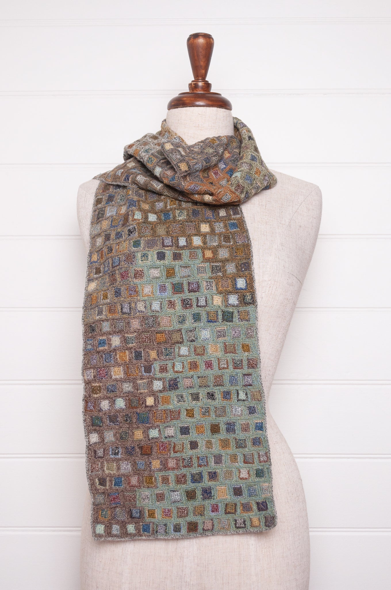 Sophie Digard crocheted wool and linen scarf multi-coloured patches in Moss palette.