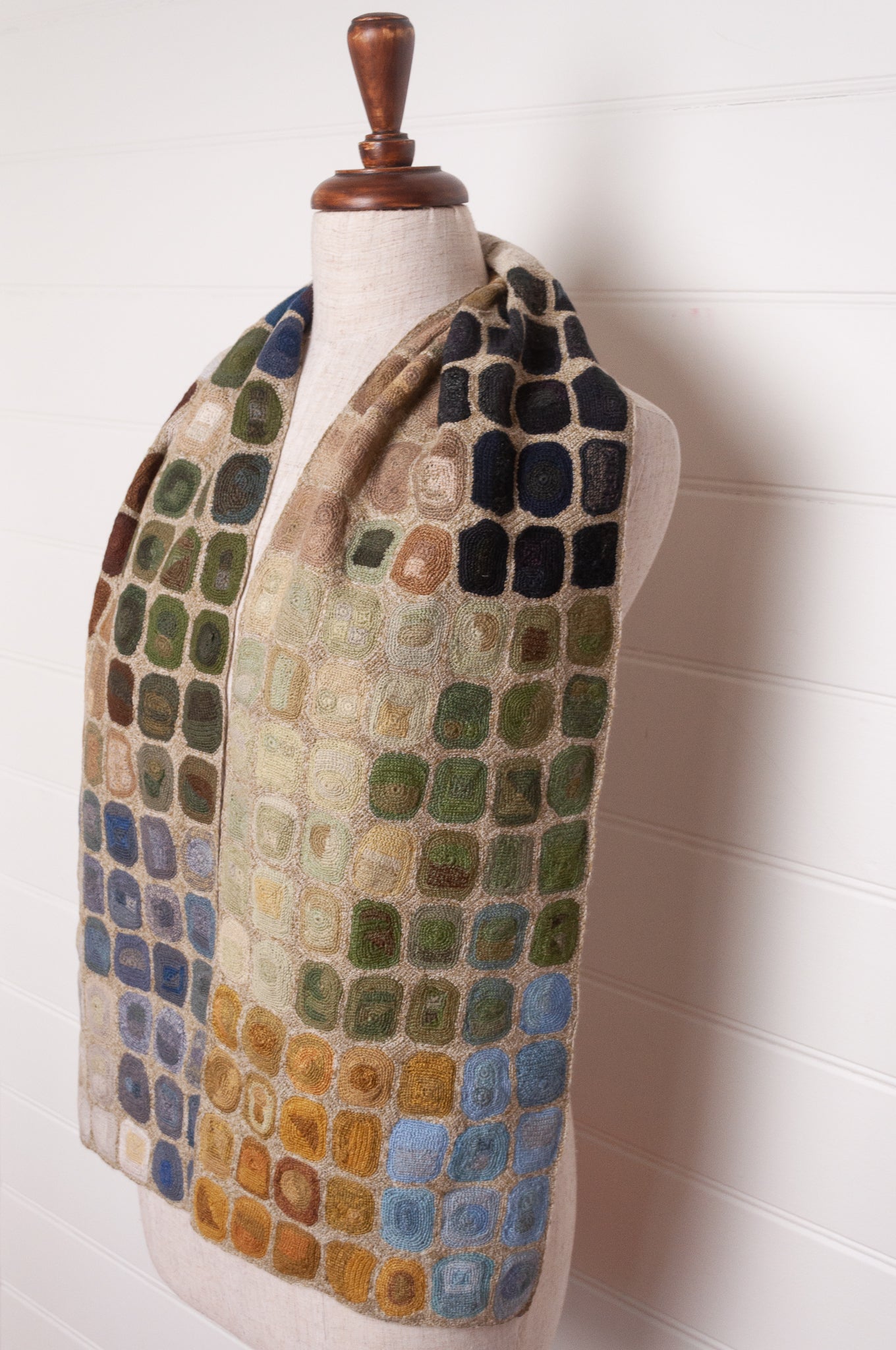 Sophie Digard crocheted wool and linen scarf multi-coloured dots on oatmeal base.