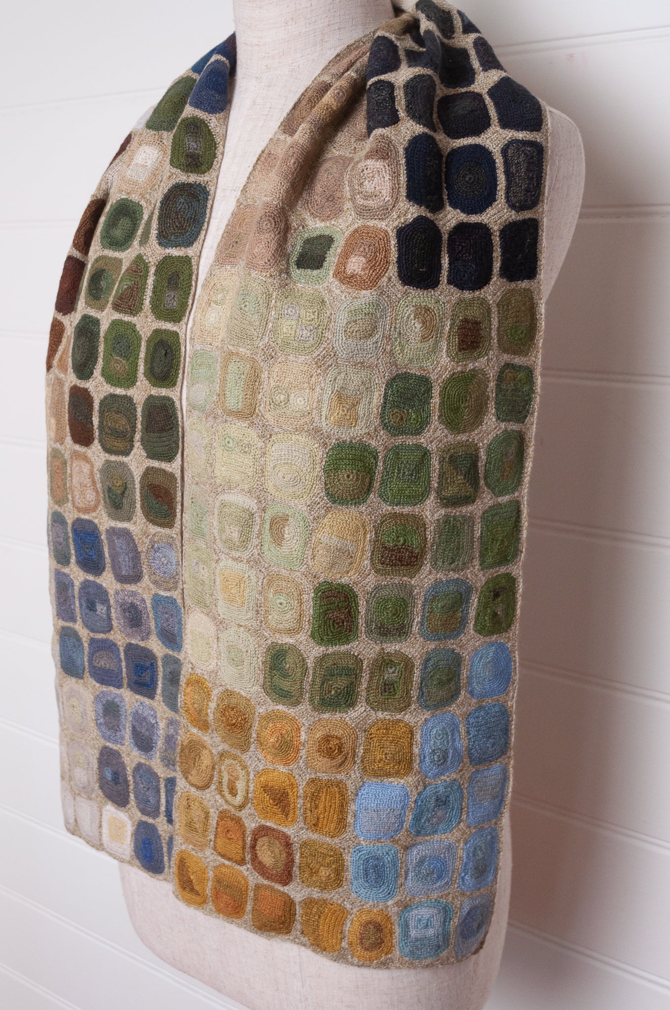 Sophie Digard crocheted wool and linen scarf multi-coloured dots on oatmeal base.