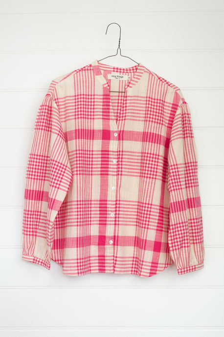 Nice Things pink and white check shirt with gathered sleeves, button up to v neck.
