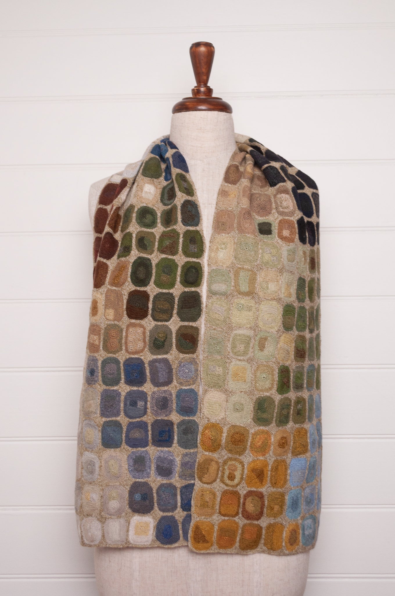 Sophie Digard crocheted wool and linen scarf multi-coloured dots on oatmeal base.