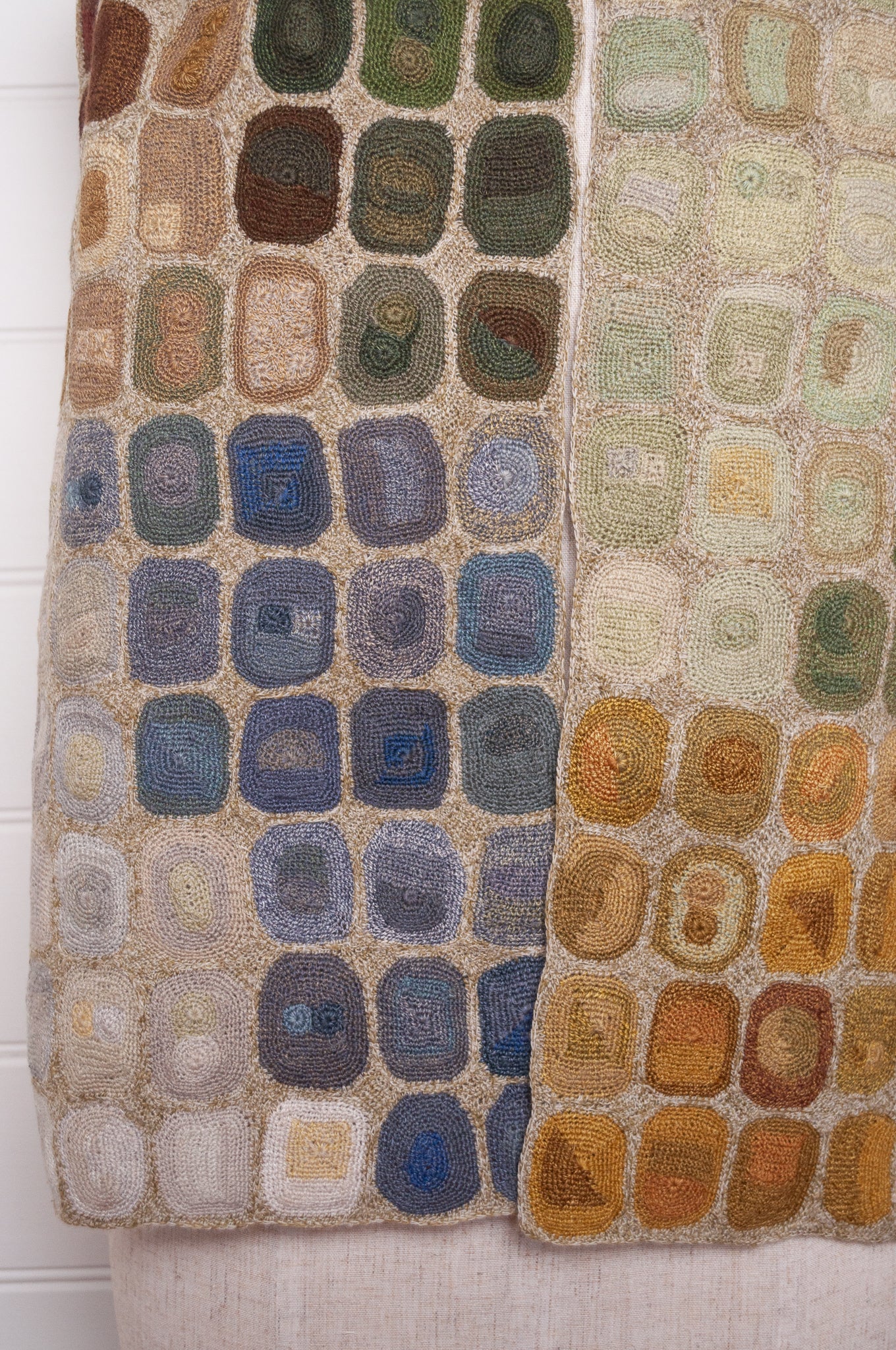 Sophie Digard crocheted wool and linen scarf multi-coloured dots on oatmeal base.