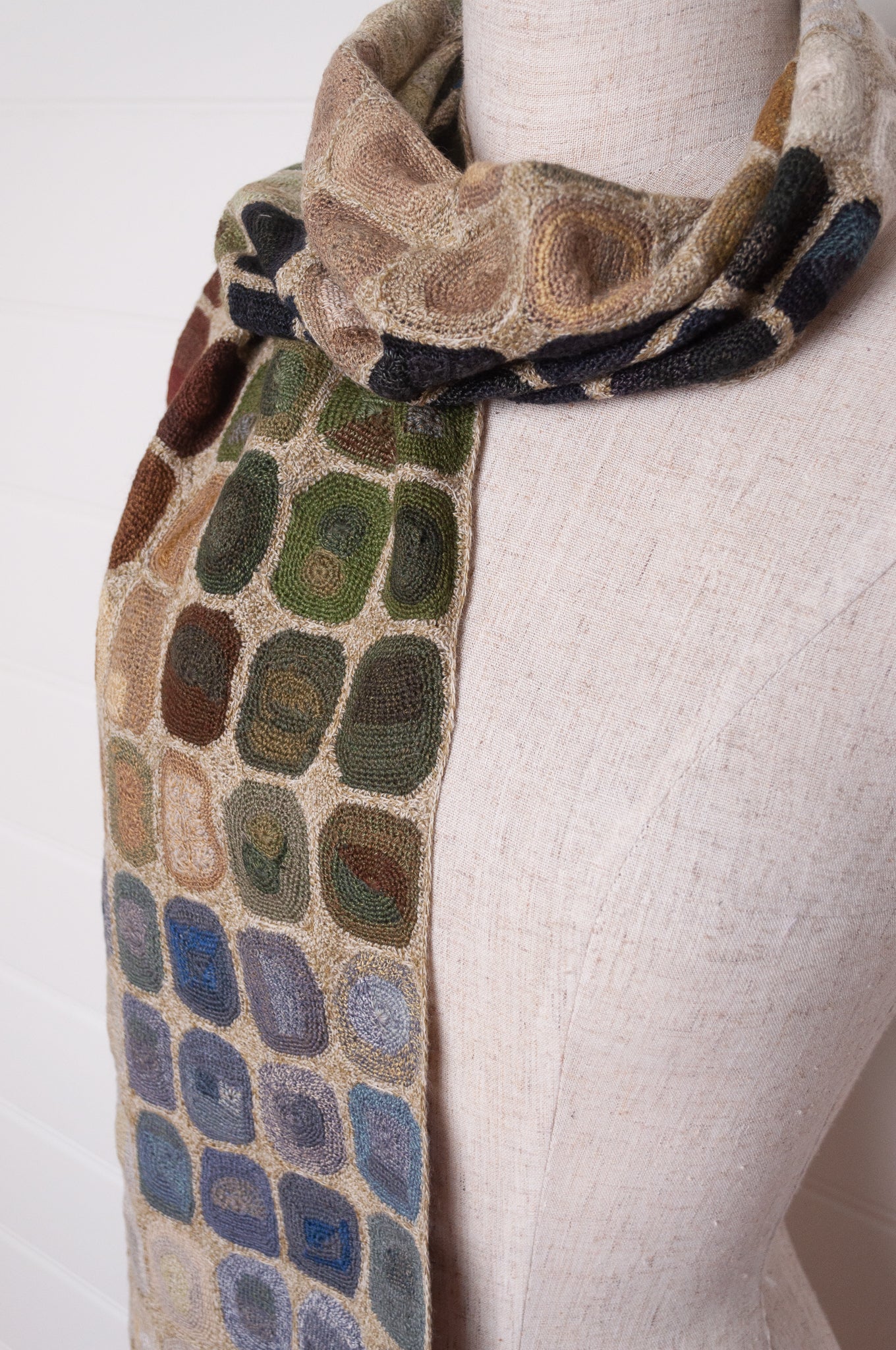 Sophie Digard crocheted wool and linen scarf multi-coloured dots on oatmeal base.