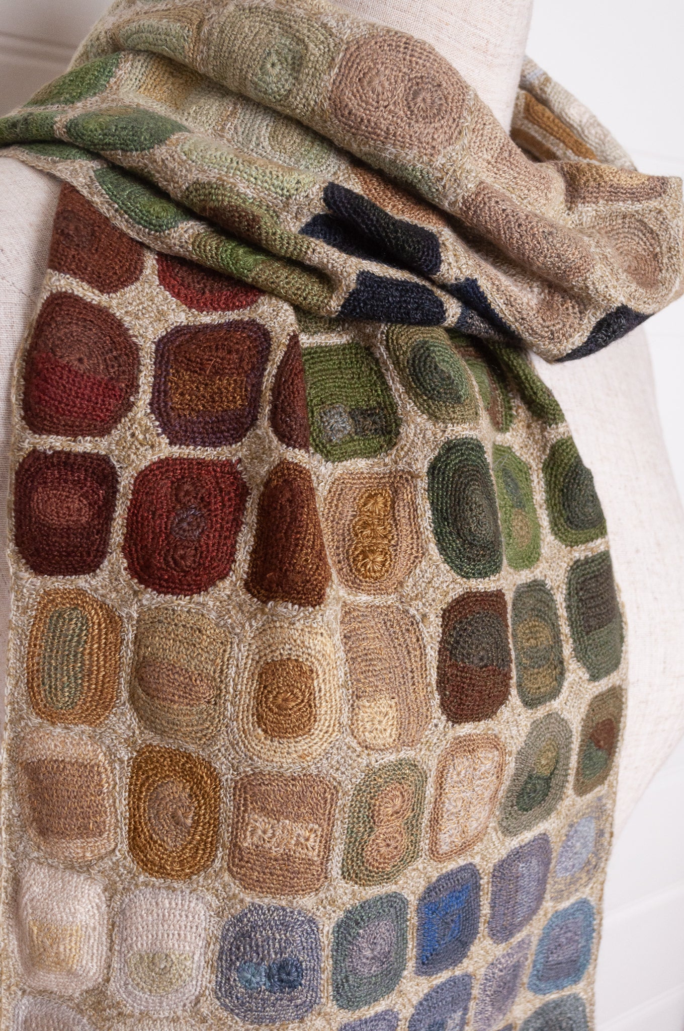 Sophie Digard crocheted wool and linen scarf multi-coloured dots on oatmeal base.