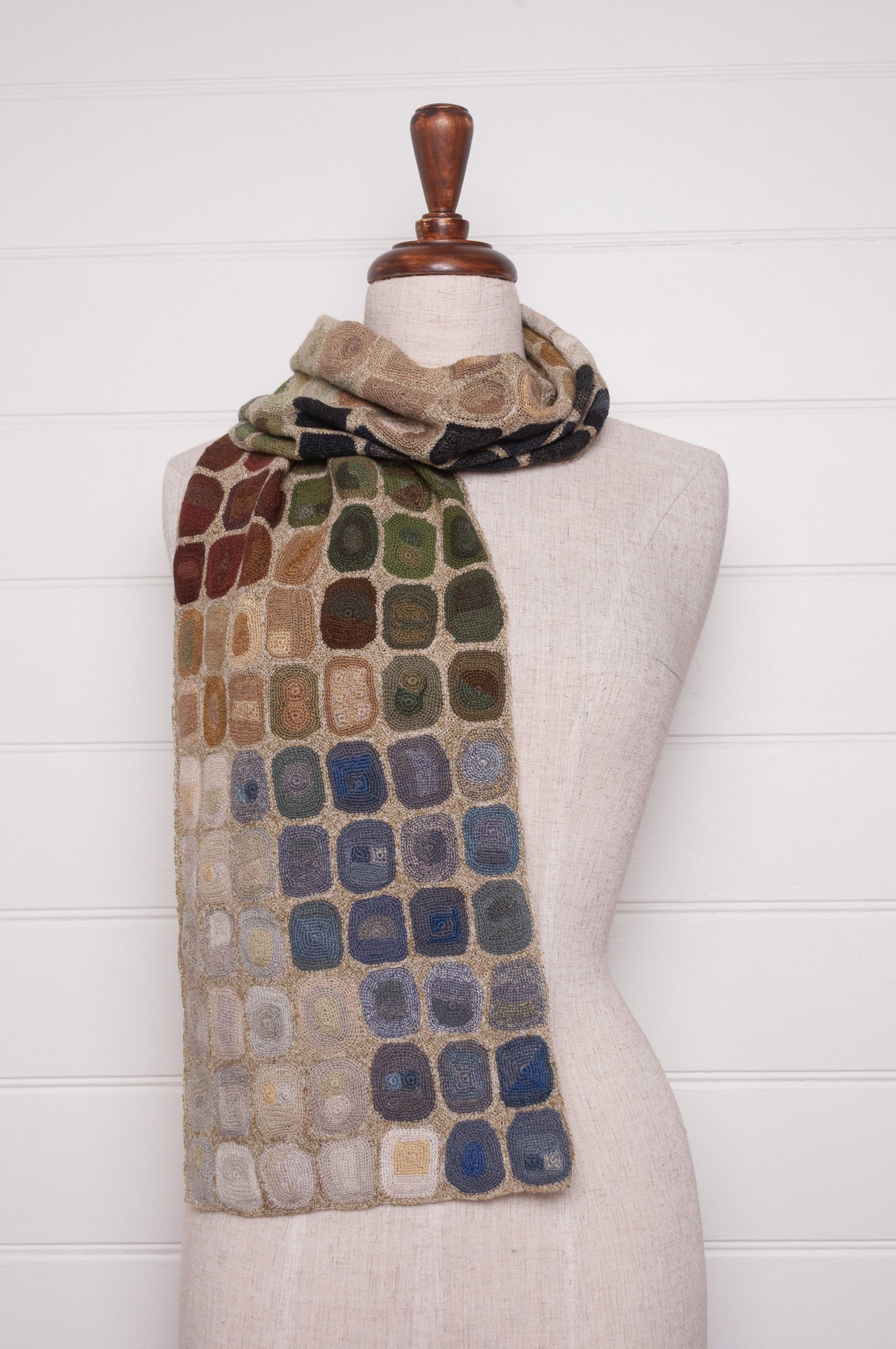 Sophie Digard crocheted wool and linen scarf multi-coloured dots on oatmeal base.