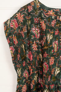 DVE cotton silk smocked Mira dress blockprint design in dark jade with coral floral design.