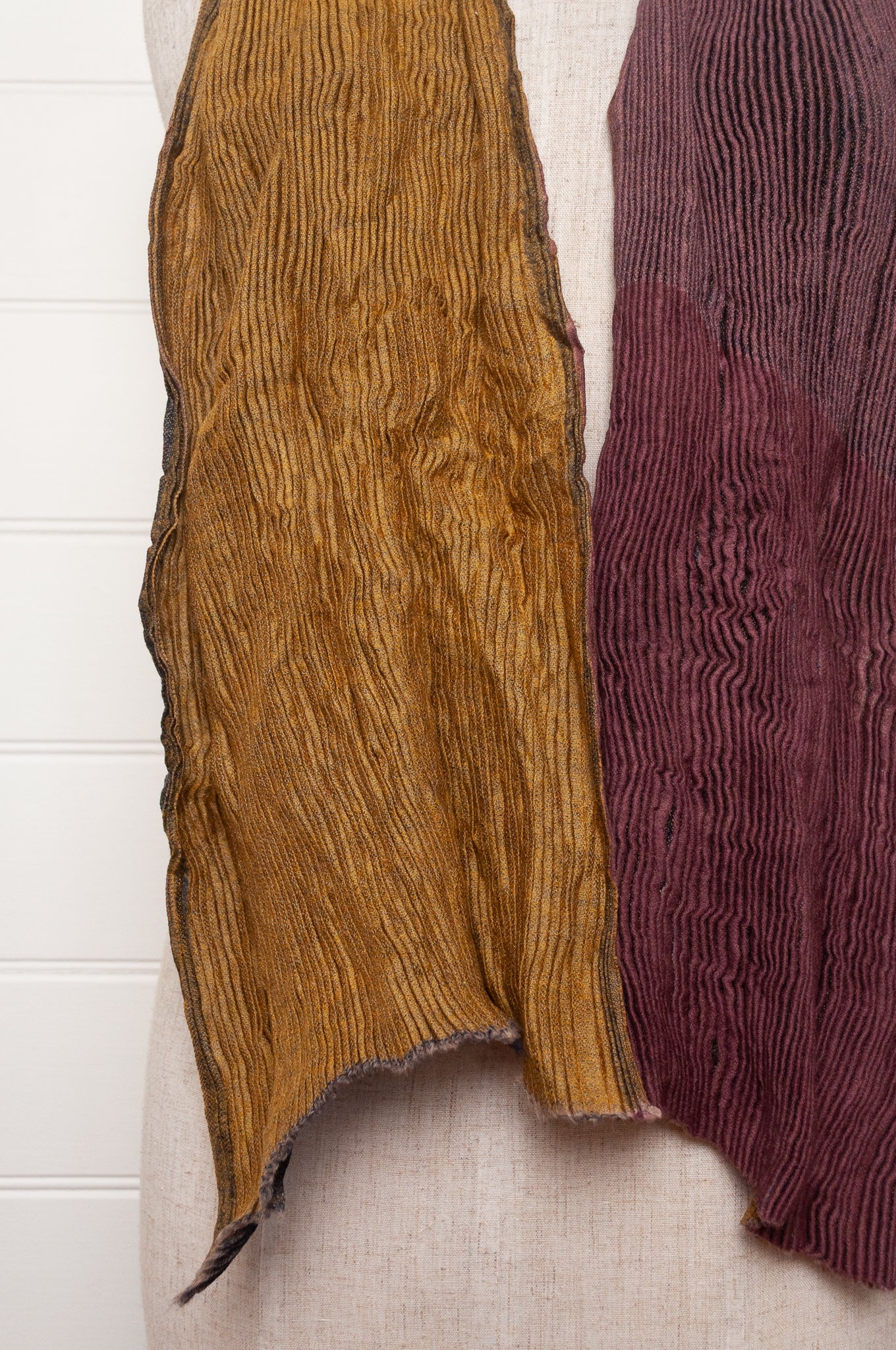 Neeru Kumar pure wool shibori dyed crinkle pleat finish scarf in mustard yellow, ginger brown and dusty lavender.
