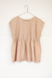 DVE one size sleeveless Rima top, pintucked with hand stitching in chai tea linen.