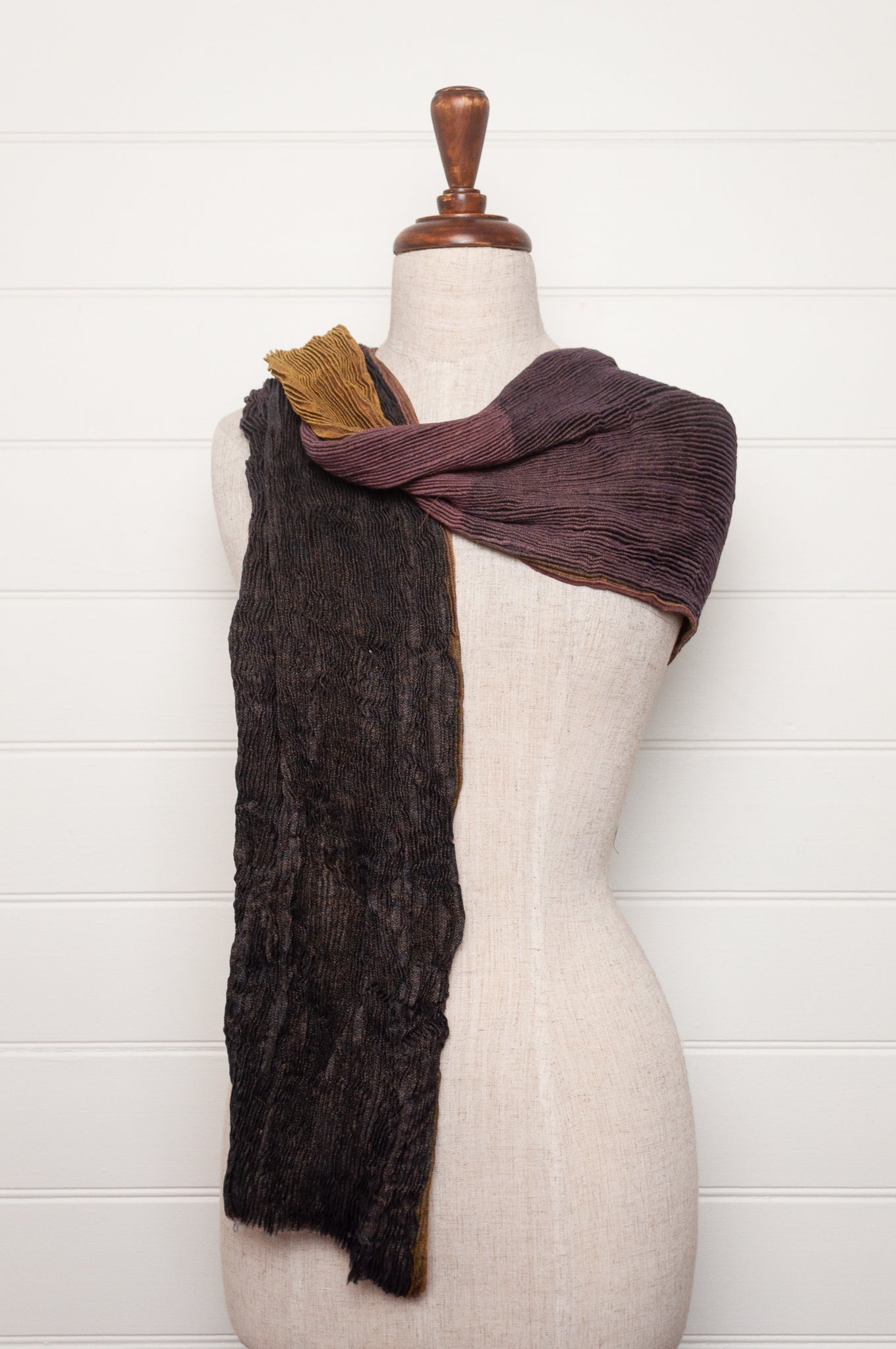Neeru Kumar pure wool shibori dyed crinkle pleat finish scarf in mustard yellow, ginger brown and dusty lavender.