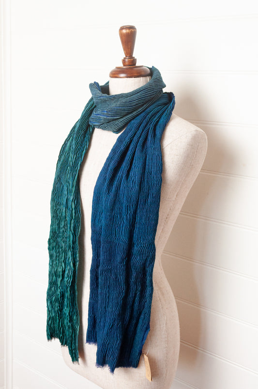 Neeru Kumar pure wool shibori dyed crinkle pleat finish scarf in marine blue, teal and aqua.