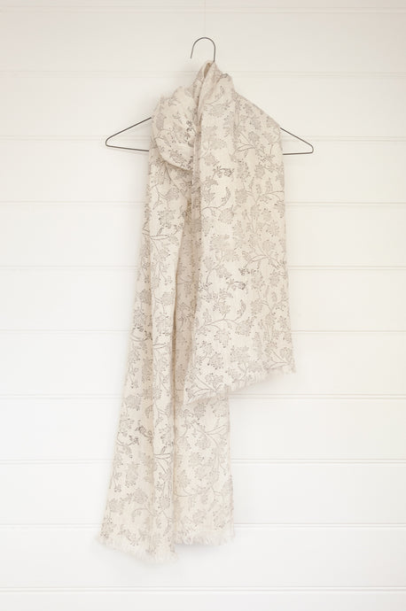 DVE ecru fine linen  scarf with delicate blockprint floral design.