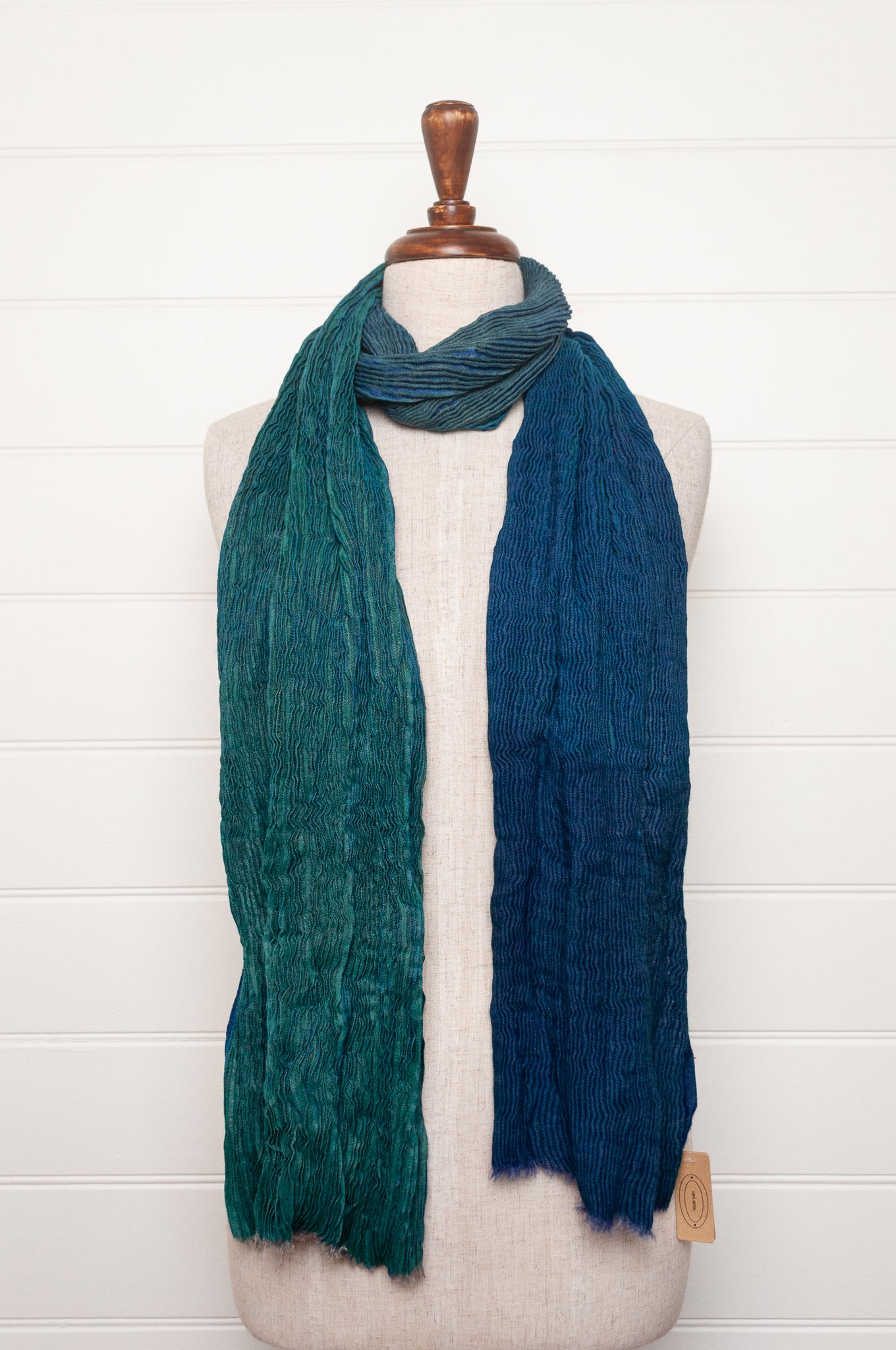 Neeru Kumar pure wool shibori dyed crinkle pleat finish scarf in marine blue, teal and aqua.