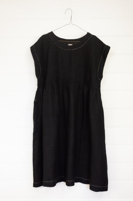 DVE one size sleeveless Rima dress, pintucked bodice with hand stitching in black linen.