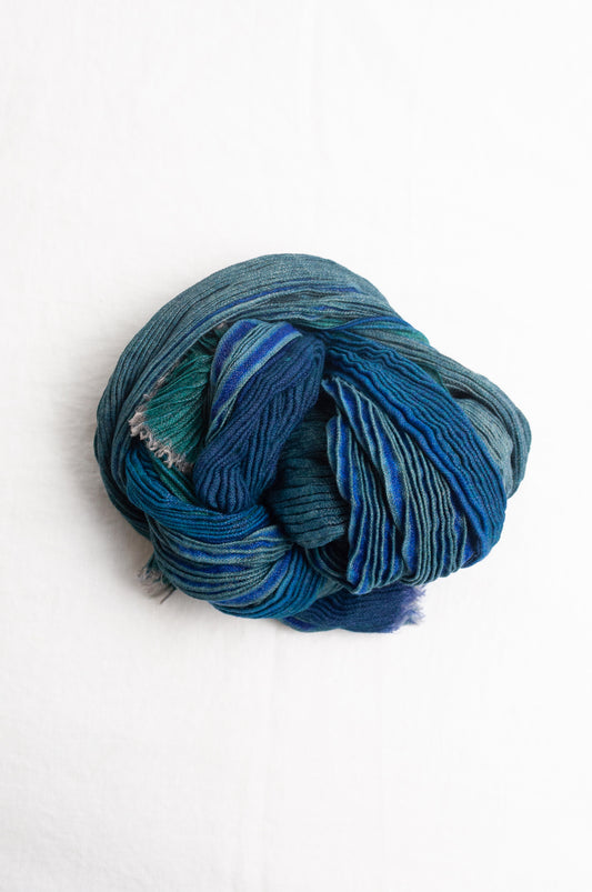 Neeru Kumar pure wool shibori dyed crinkle pleat finish scarf in marine blue, teal and aqua.
