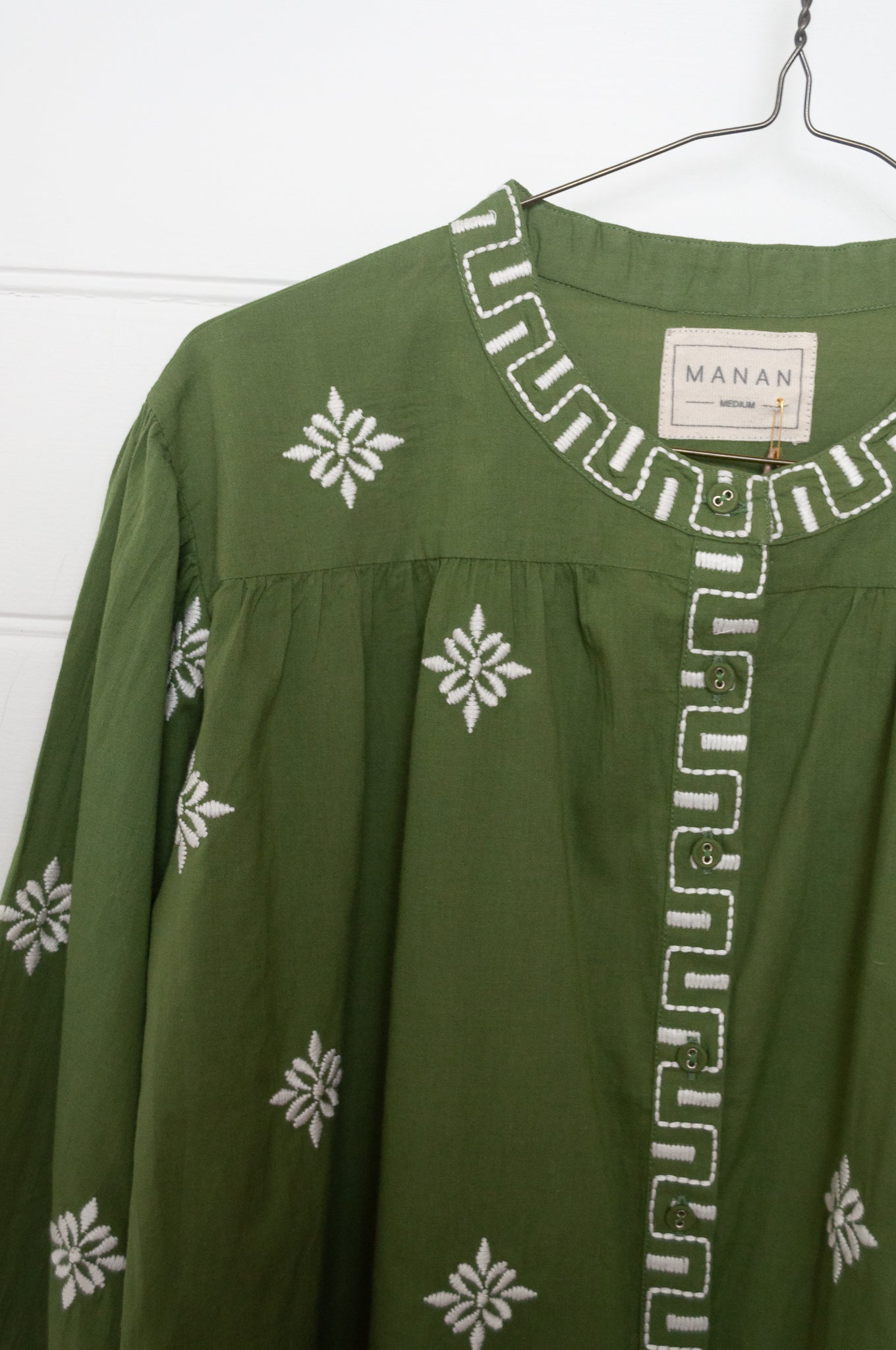 Manan Folk blouse, pure cotton button up with ivory embroidery on green.