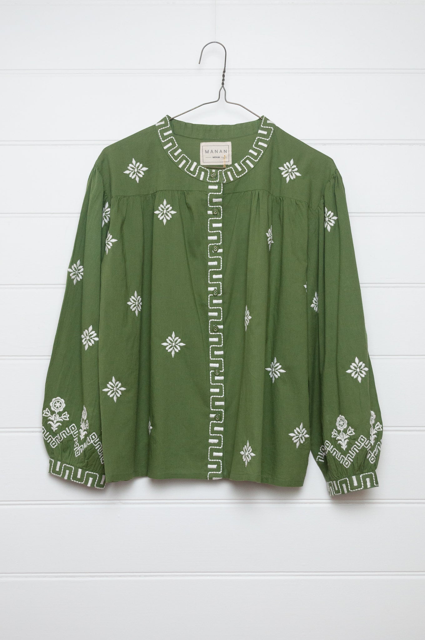 Manan Folk blouse, pure cotton button up with ivory embroidery on green.