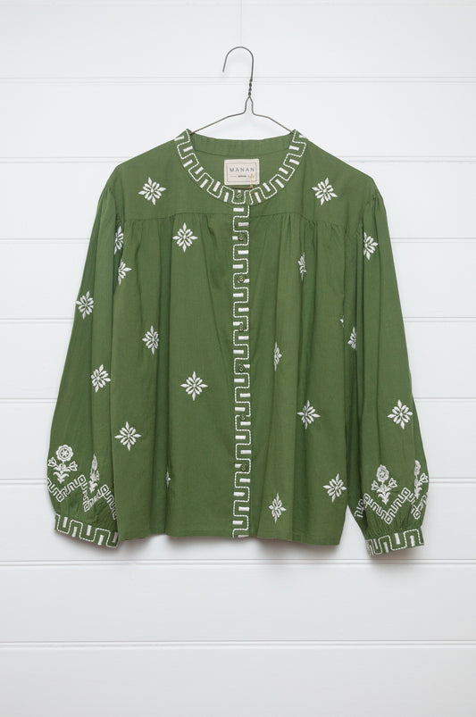 Manan Folk blouse, pure cotton button up with ivory embroidery on green.