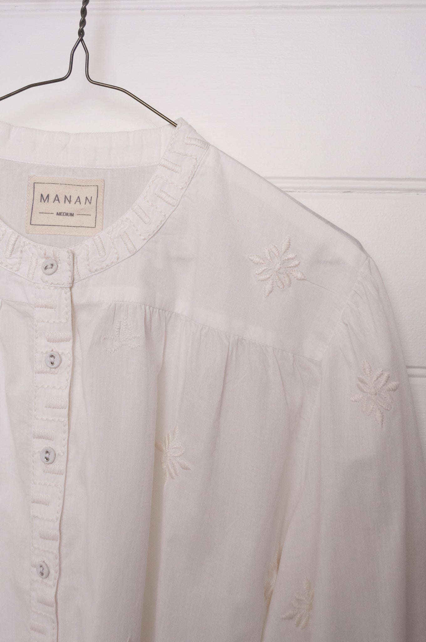 Manan Folk blouse, pure cotton button up with ivory embroidery on ivory.