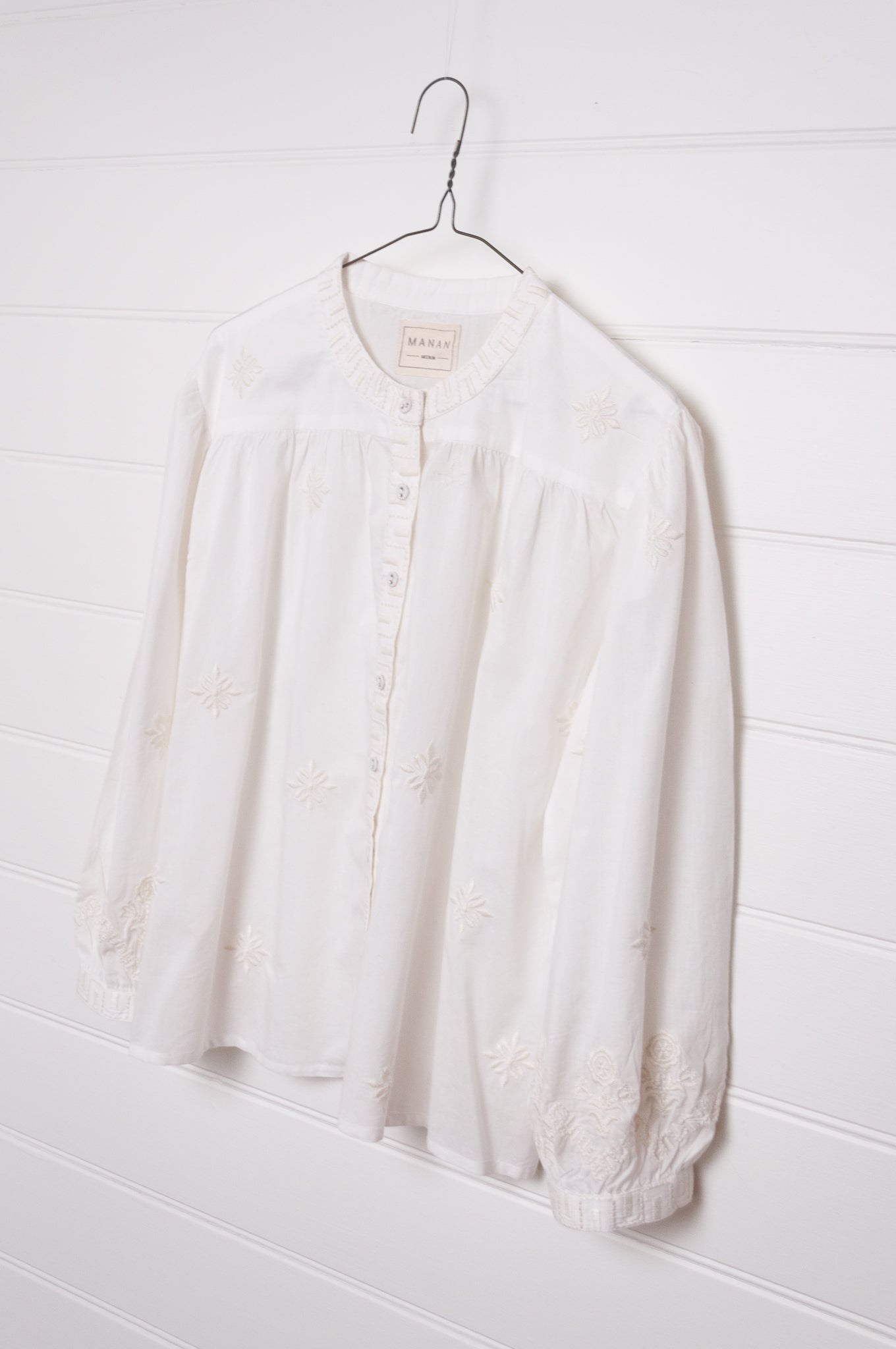 Manan Folk blouse, pure cotton button up with ivory embroidery on ivory.