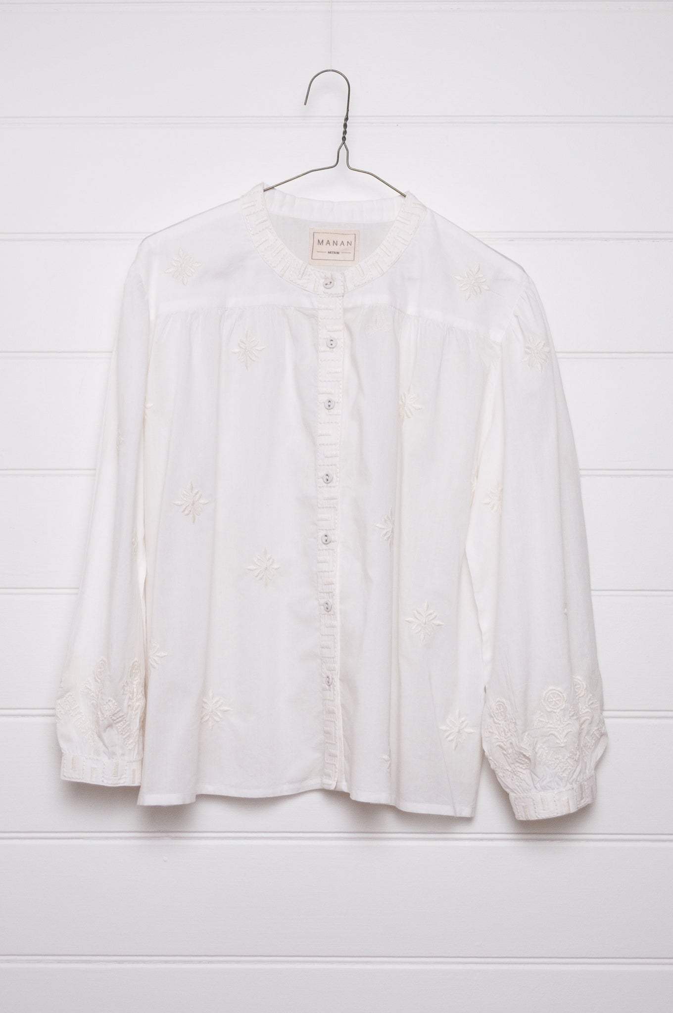 Manan Folk blouse, pure cotton button up with ivory embroidery on ivory.