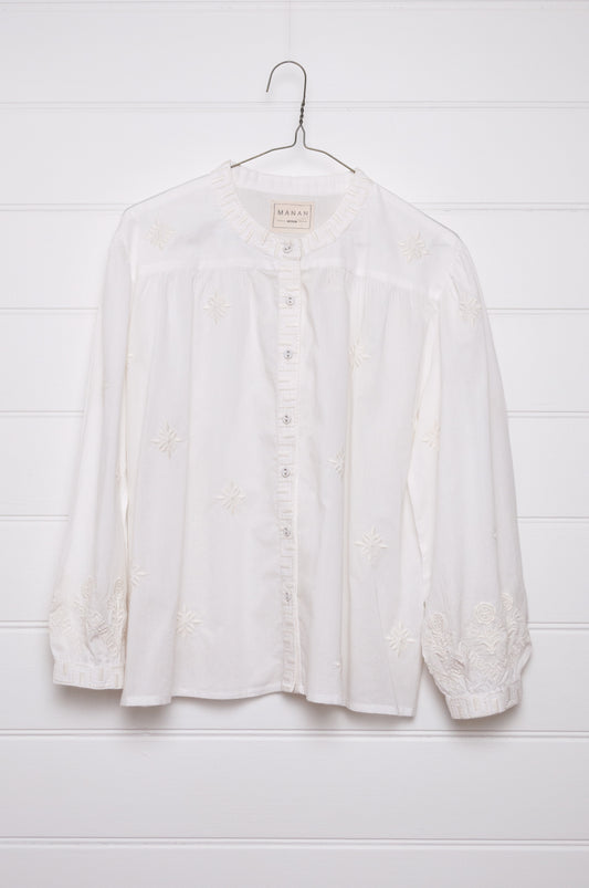 Manan Folk blouse, pure cotton button up with ivory embroidery on ivory.