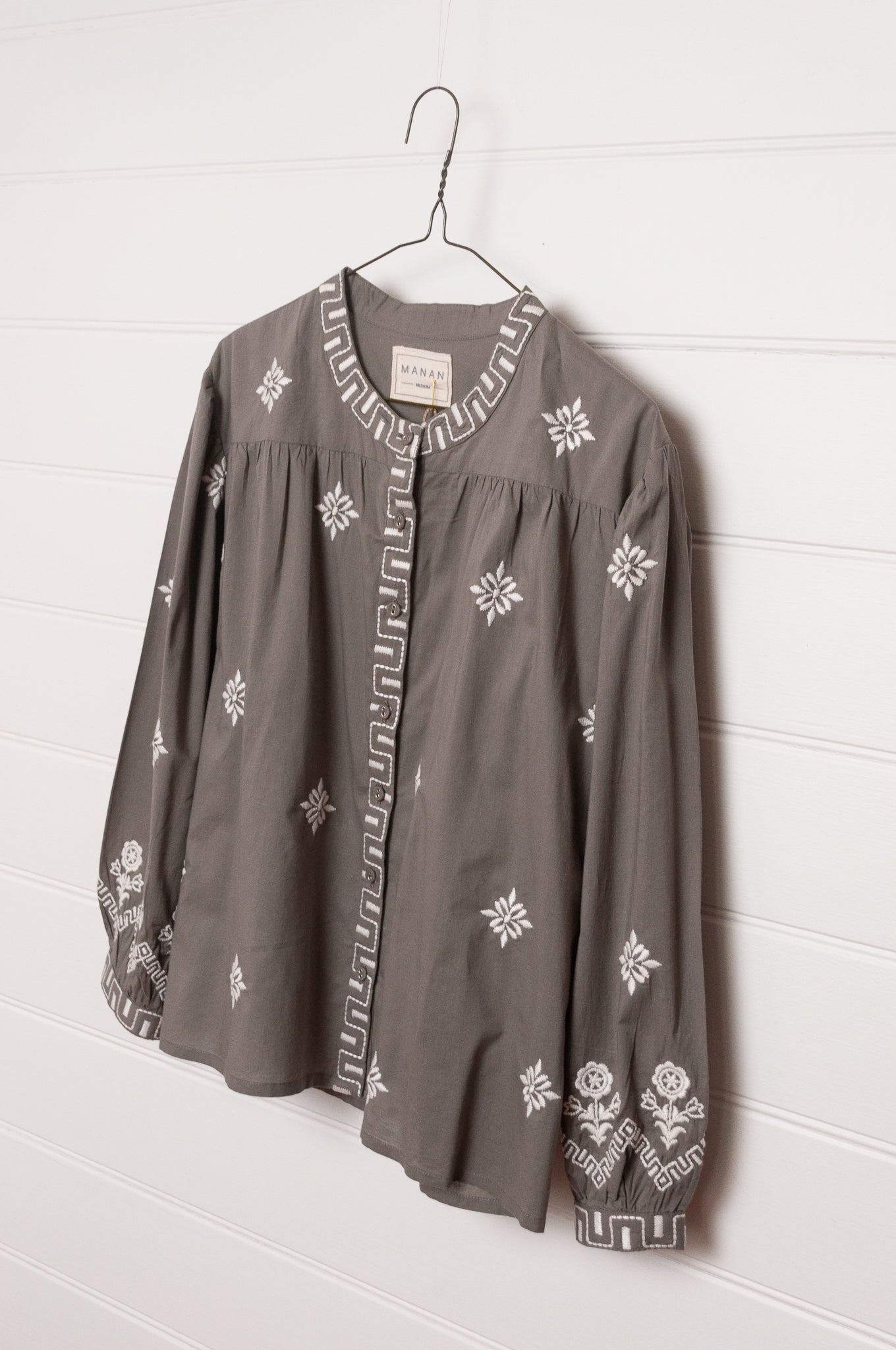 Manan Folk blouse, pure cotton button up with ivory embroidery on grey.