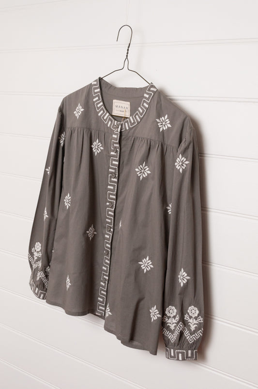 Manan Folk blouse, pure cotton button up with ivory embroidery on grey.