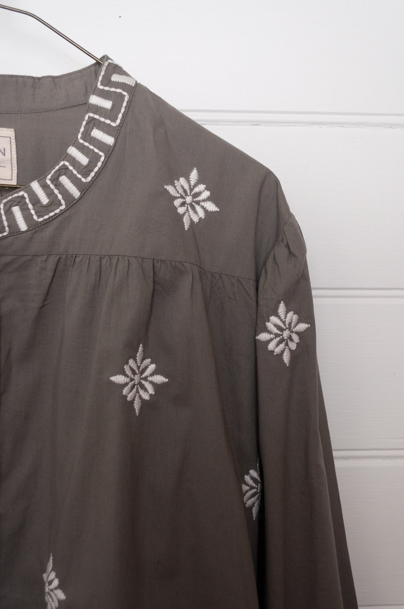 Manan Folk blouse, pure cotton button up with ivory embroidery on grey.