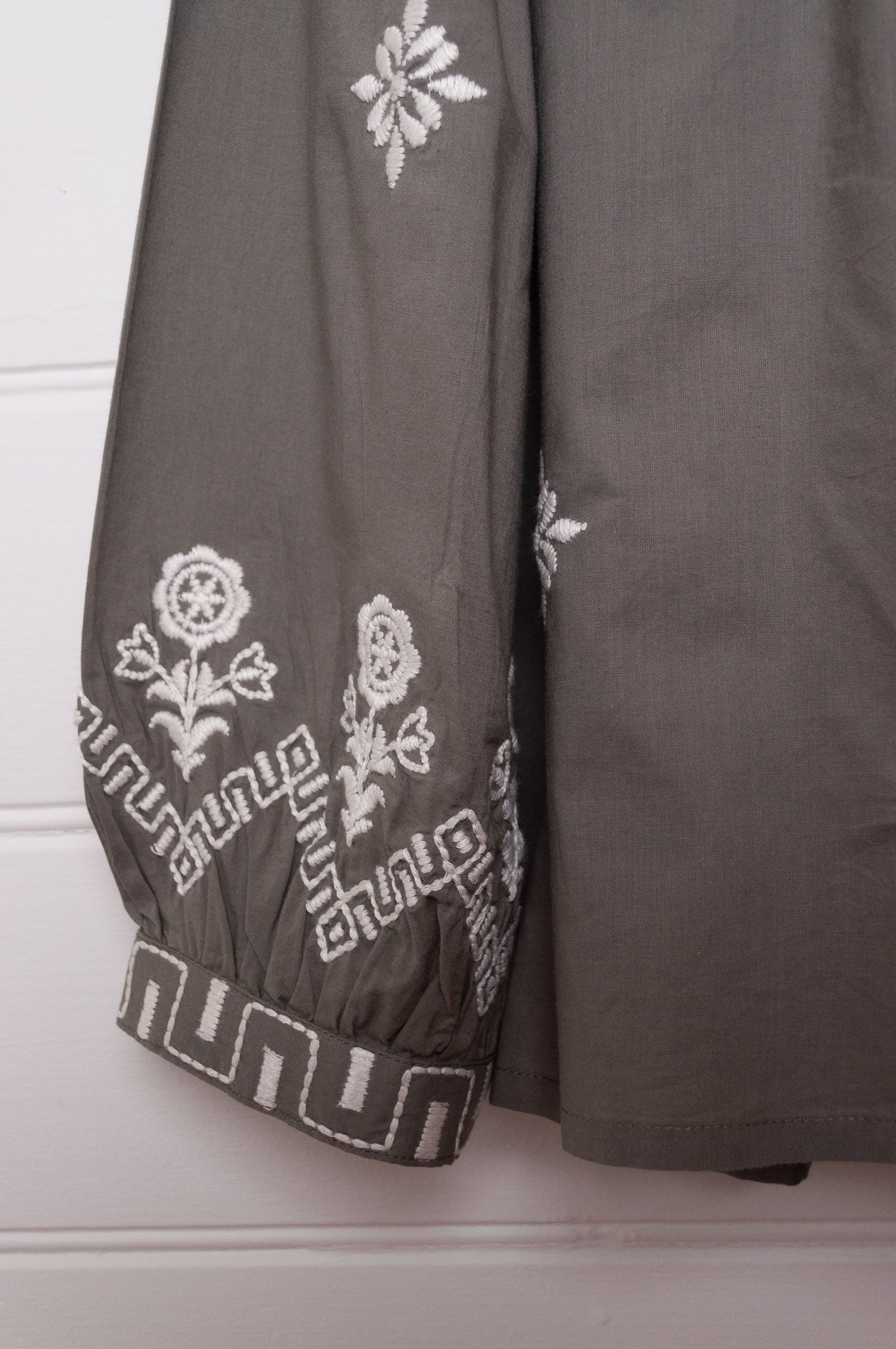 Manan Folk blouse, pure cotton button up with ivory embroidery on grey.