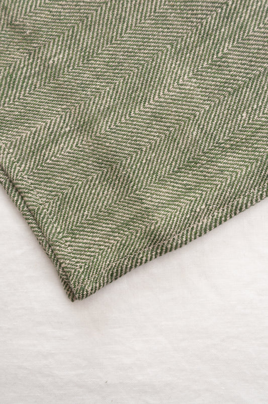 Made in Lithuania pure linen chevron weave tea towel in olive green and white.