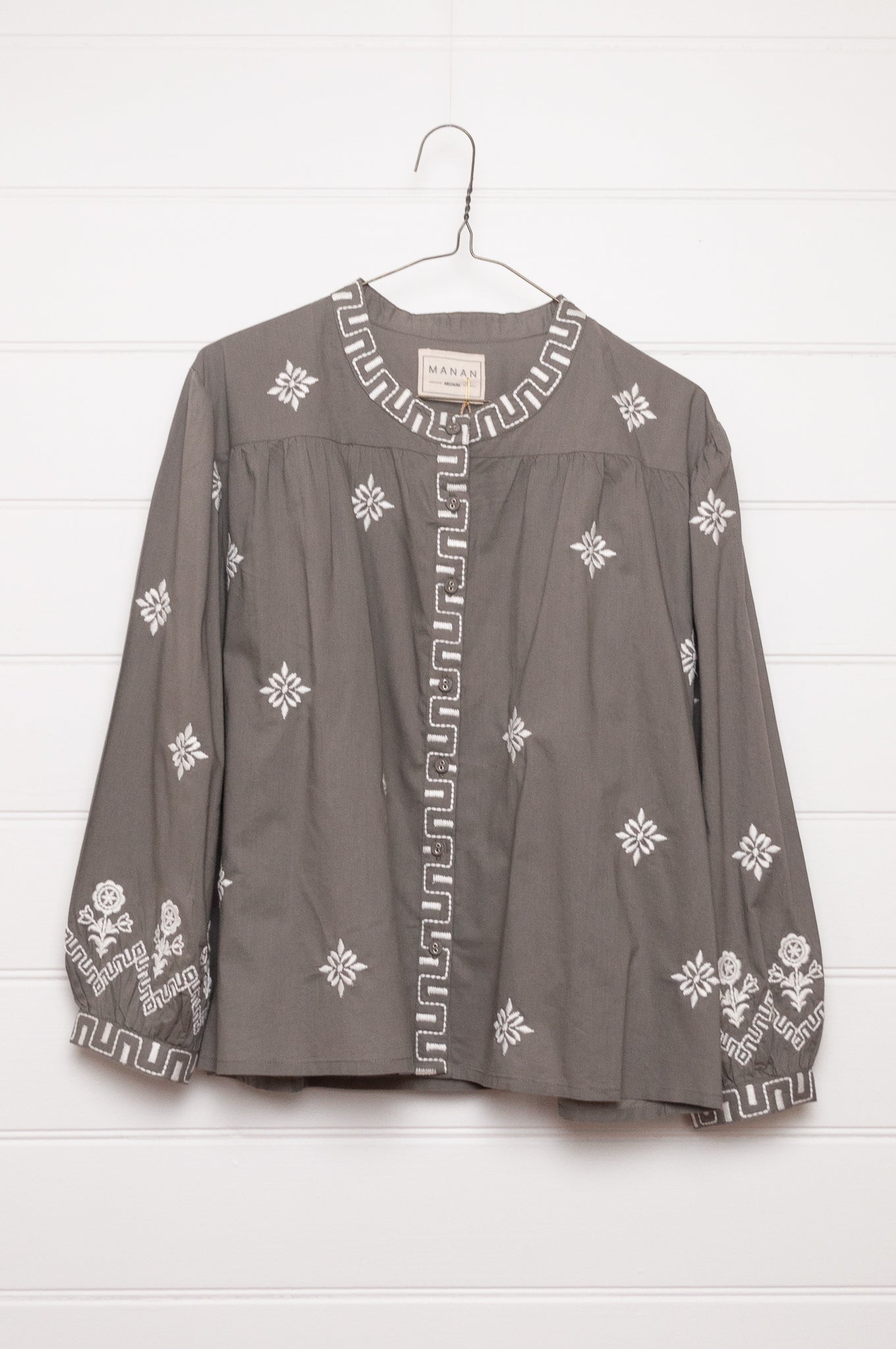 Manan Folk blouse, pure cotton button up with ivory embroidery on grey.