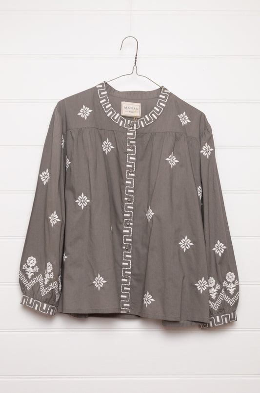 Manan Folk blouse, pure cotton button up with ivory embroidery on grey.