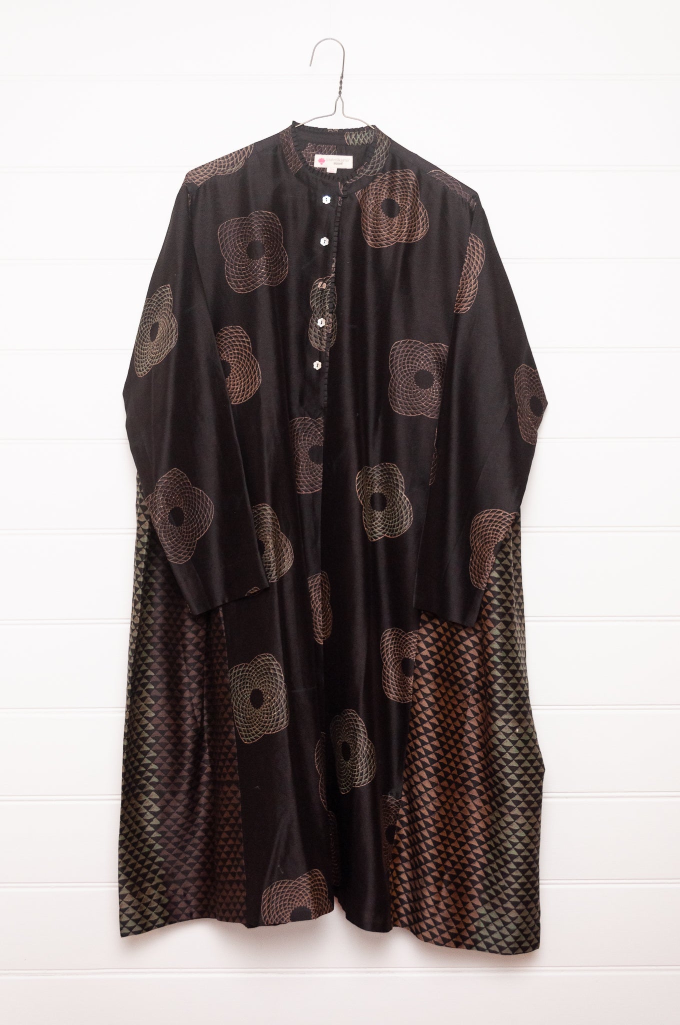 Brahma Karma chanderi cotton silk ebony tunic dress with bronze flowers and geometric side panels.
