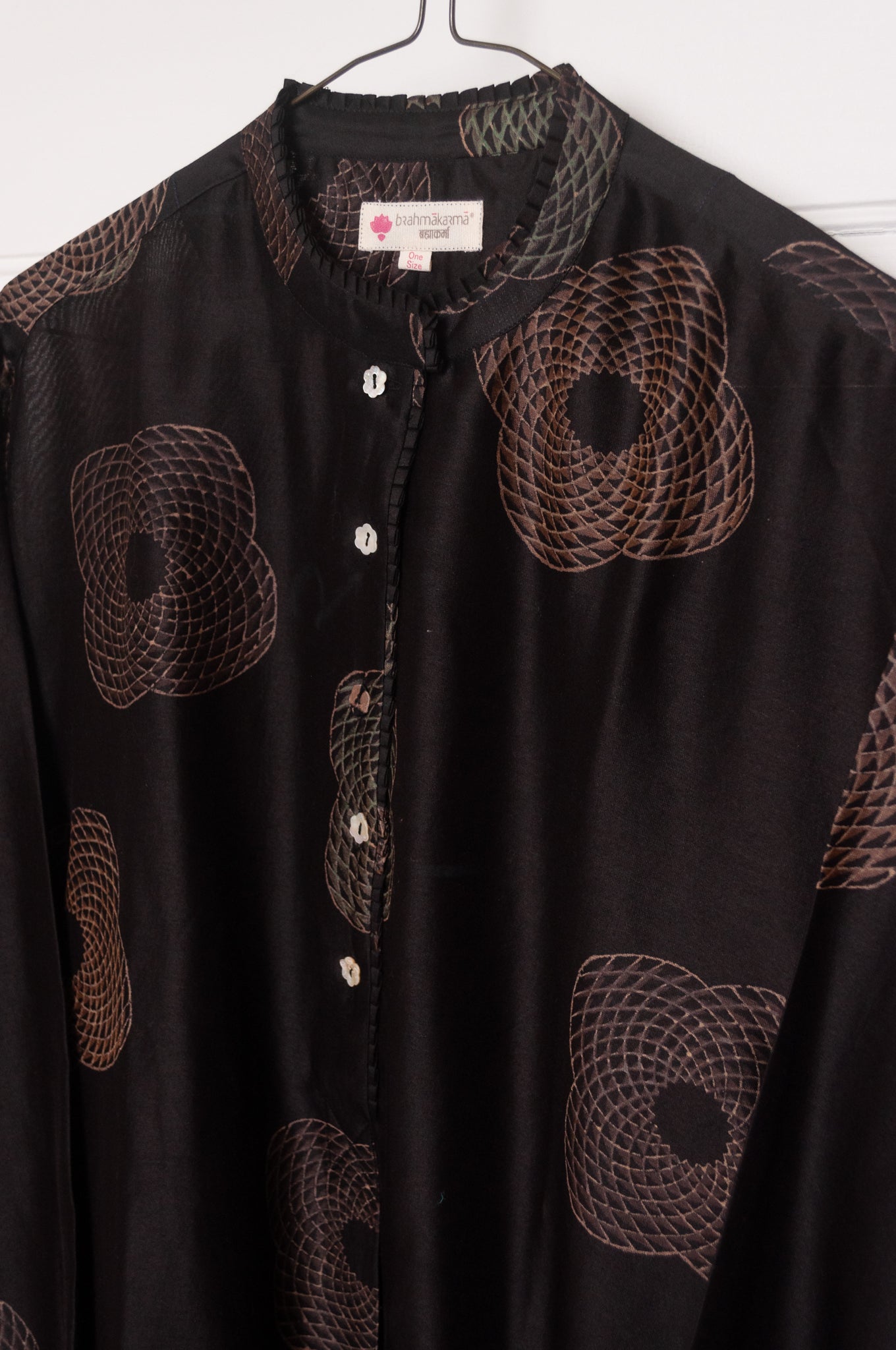 Brahma Karma chanderi cotton silk ebony tunic dress with bronze flowers and geometric side panels.