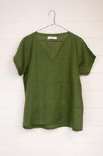 Load image into Gallery viewer, Frockk linen v-neck tshirt top in moss green.