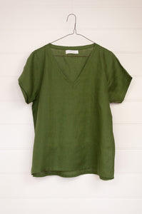 Frockk linen v-neck tshirt top in moss green.