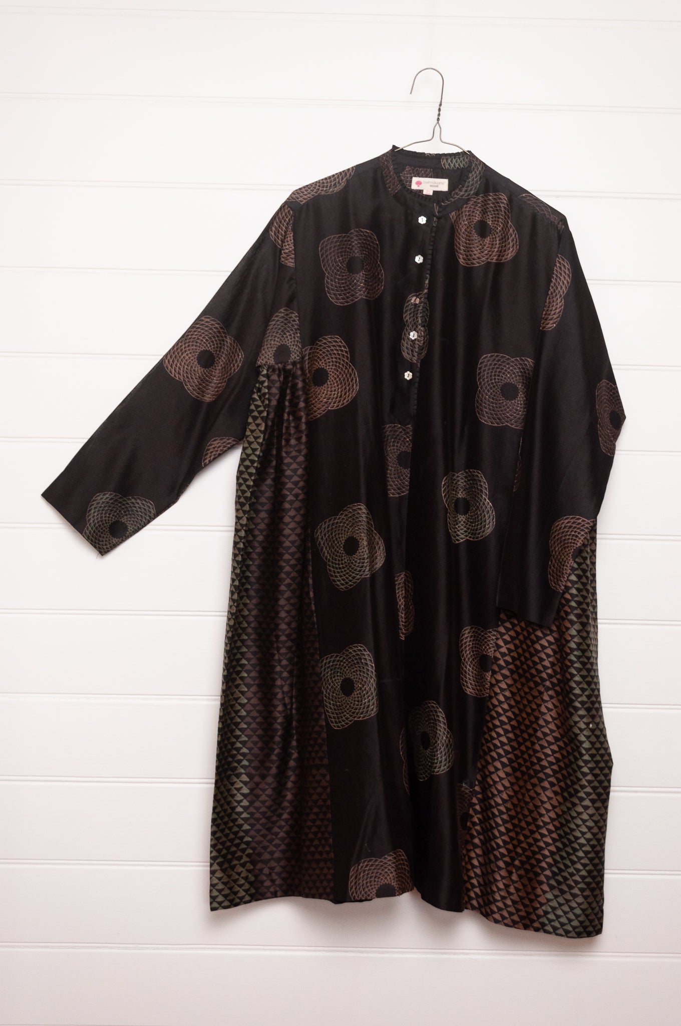 Brahma Karma chanderi cotton silk ebony tunic dress with bronze flowers and geometric side panels.
