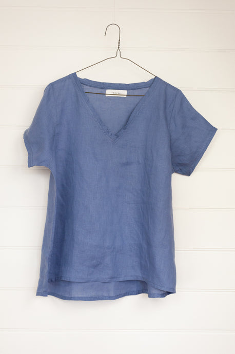 Frockk linen v-neck tshirt top in cornflower blue.