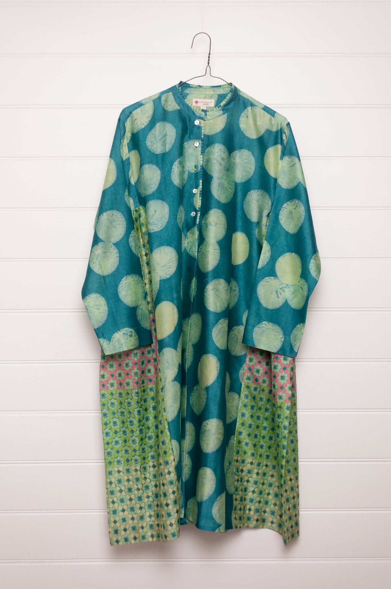 Brahma Karma chanderi cotton silk emerald green tunic dress with geometric side panels.